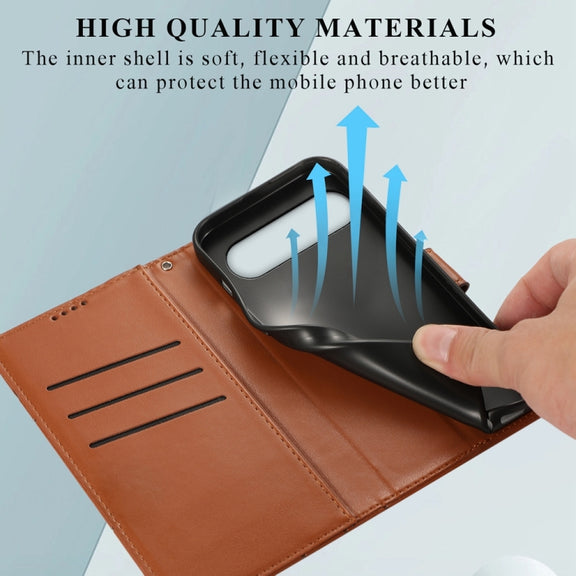 For Google Pixel 9 Pro PU Genuine Leather Texture Embossed Line Phone Case(Brown)