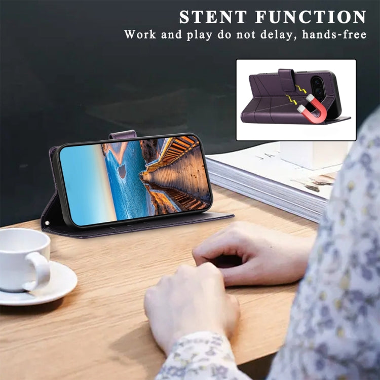 For Google Pixel 9 Pro PU Genuine Leather Texture Embossed Line Phone Case(Purple)