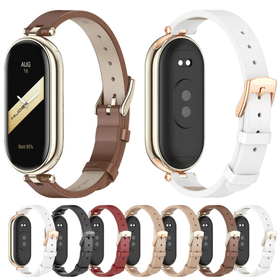 For Xiaomi Smart Band 10 / 9 / 8 Mijobs First Layer Cowhide Watch Band(White Light Gold)