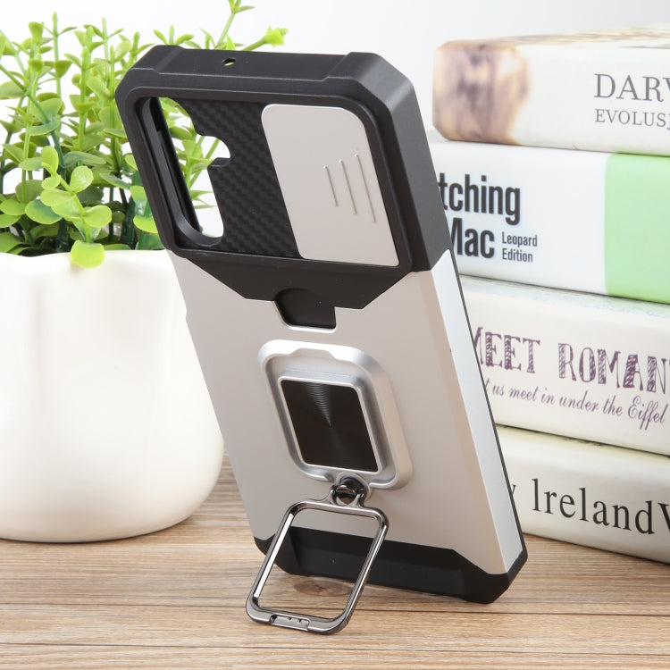 For Samsung Galaxy A15 Camera Shield Card Slot PC+TPU Phone Case(Silver) - Galaxy Phone Cases by PMC TechLife | Online Shopping South Africa | PMC TechLife