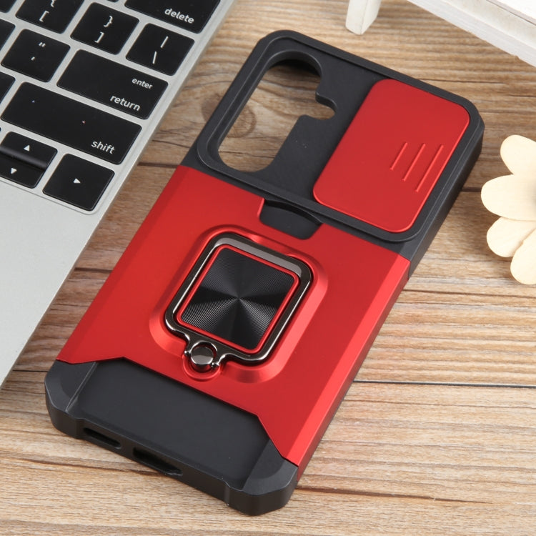 For Samsung Galaxy S24 5G Camera Shield Card Slot PC+TPU Phone Case(Red) - Galaxy S24 5G Cases by PMC TechLife | Online Shopping South Africa | PMC TechLife