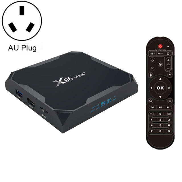 X96 max+ 4K Smart TV Box, Android 9.0, Amlogic S905X3 Quad-Core Cortex-A55,4GB+32GB, Support LAN, AV, 2.4G/5G WiFi, USBx2,TF Card, AU Plug