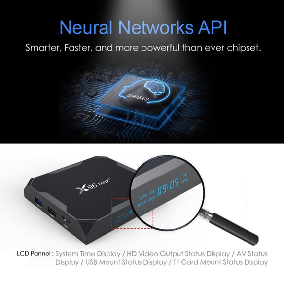 X96 max+ 4K Smart TV Box, Android 9.0, Amlogic S905X3 Quad-Core Cortex-A55,4GB+64GB, Support LAN, AV, 2.4G/5G WiFi, USBx2,TF Card, EU Plug