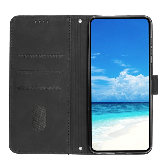 For Motorola Moto G Play 2024 Skin Feel Heart Embossed Leather Phone Case with Long Lanyard(Black)