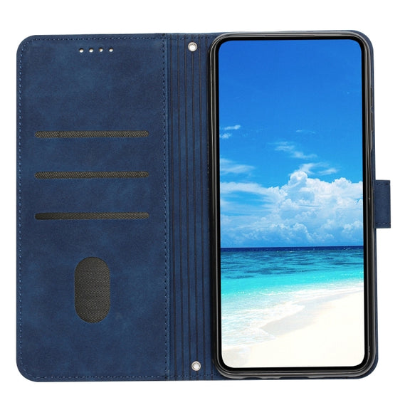 For Motorola Moto G Play 2024 Skin Feel Heart Embossed Leather Phone Case with Long Lanyard(Blue)