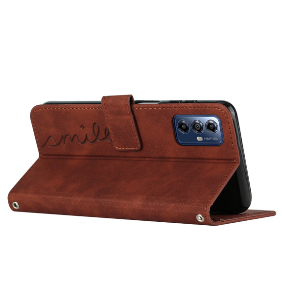 For Motorola Moto G Play 2024 Skin Feel Heart Embossed Leather Phone Case with Long Lanyard(Brown)