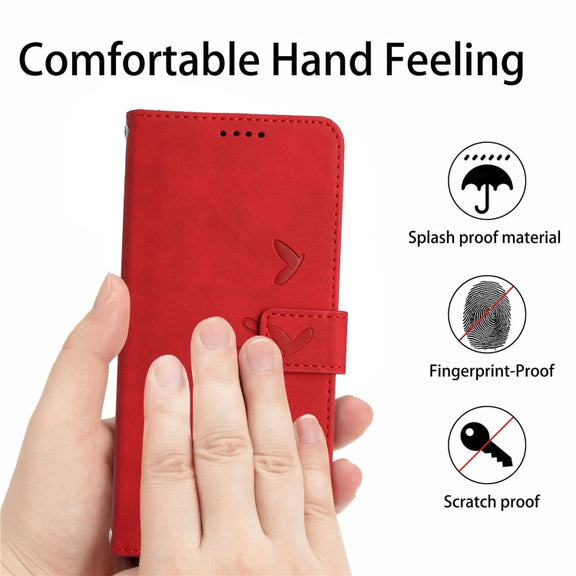 For Motorola Moto G Power 5G 2024 Skin Feel Heart Embossed Leather Phone Case with Long Lanyard(Red)