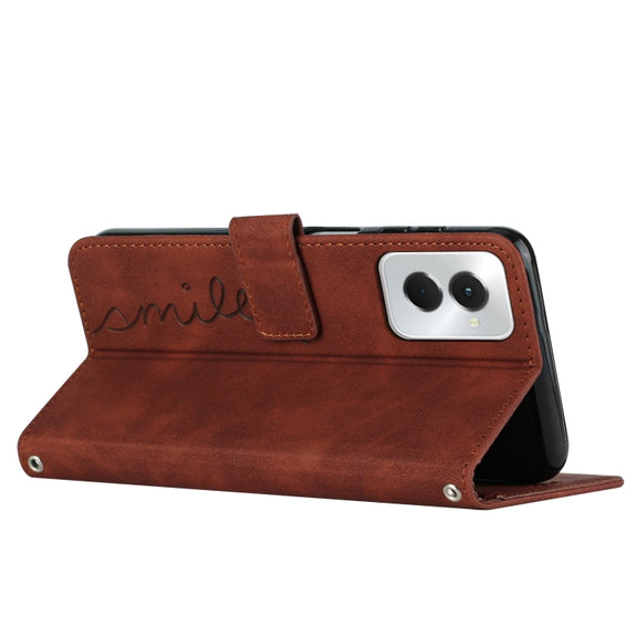For Motorola Moto G Power 5G 2024 Skin Feel Heart Embossed Leather Phone Case with Long Lanyard(Brown)