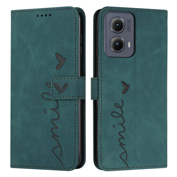 For Motorola Edge 5G 2024 Skin Feel Heart Embossed Leather Phone Case with Long Lanyard(Green)