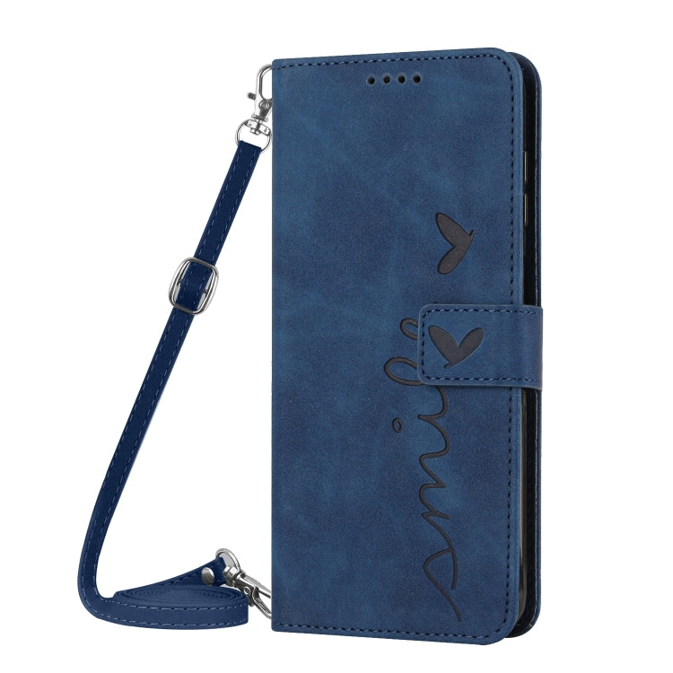 For Motorola Edge 5G 2024 Skin Feel Heart Embossed Leather Phone Case with Long Lanyard(Blue)