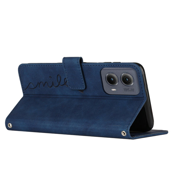 For Motorola Edge 5G 2024 Skin Feel Heart Embossed Leather Phone Case with Long Lanyard(Blue)
