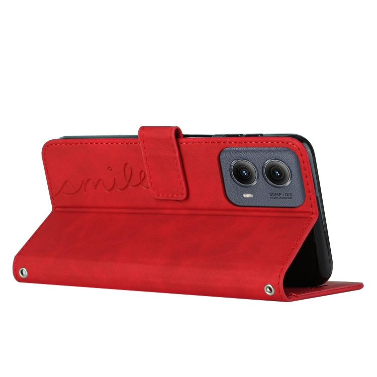 For Motorola Edge 5G 2024 Skin Feel Heart Embossed Leather Phone Case with Long Lanyard(Red)