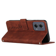 For Motorola Edge 5G 2024 Skin Feel Heart Embossed Leather Phone Case with Long Lanyard(Brown)