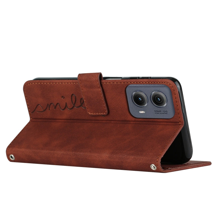 For Motorola Edge 5G 2024 Skin Feel Heart Embossed Leather Phone Case with Long Lanyard(Brown)