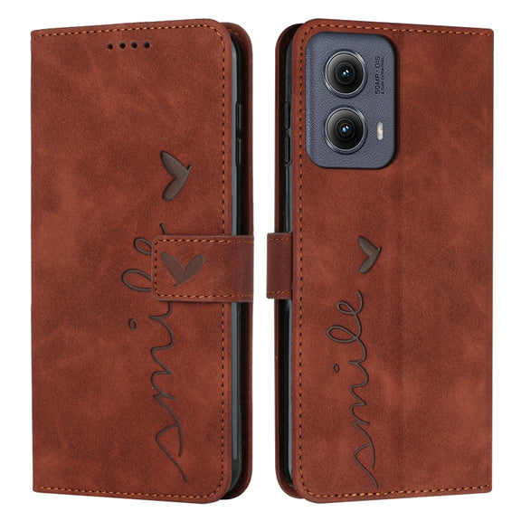 For Motorola Edge 5G 2024 Skin Feel Heart Embossed Leather Phone Case with Long Lanyard(Brown)