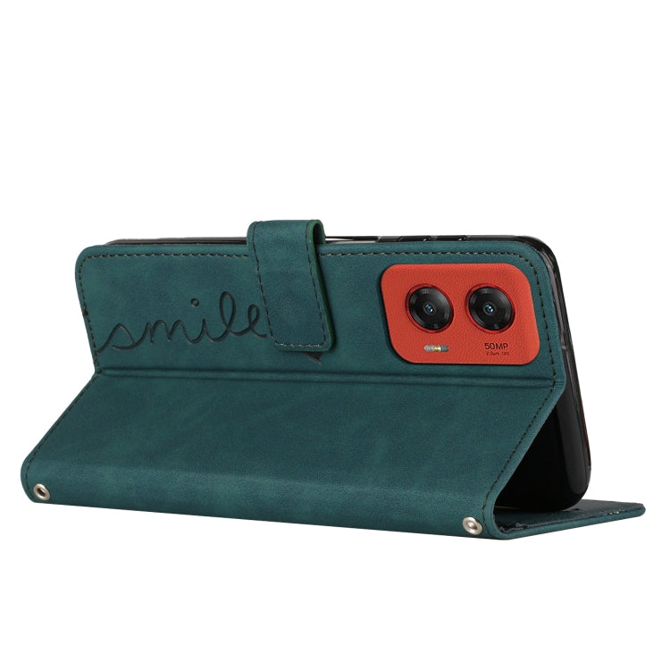 For Motorola Moto G Stylus 5G 2024 Skin Feel Heart Embossed Leather Phone Case with Long Lanyard(Green)