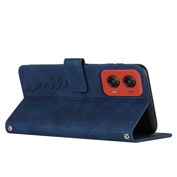 For Motorola Moto G Stylus 5G 2024 Skin Feel Heart Embossed Leather Phone Case with Long Lanyard(Blue)