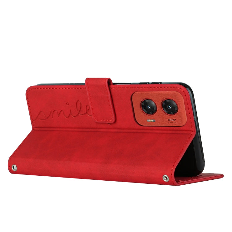 For Motorola Moto G Stylus 5G 2024 Skin Feel Heart Embossed Leather Phone Case with Long Lanyard(Red)