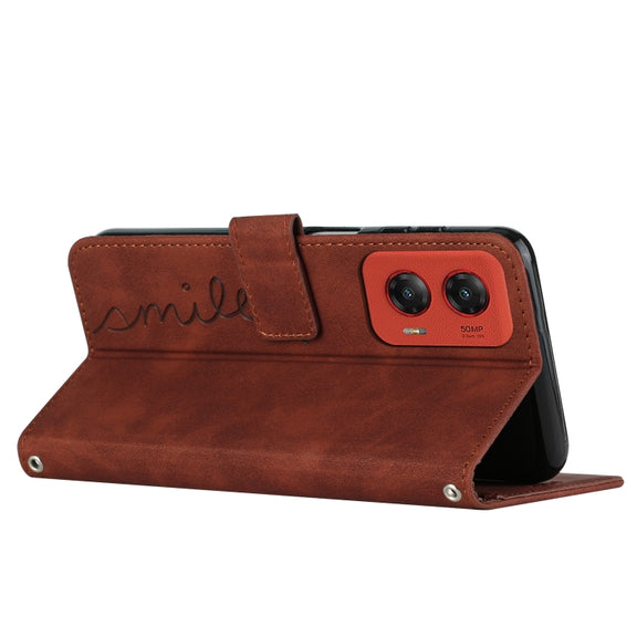 For Motorola Moto G Stylus 5G 2024 Skin Feel Heart Embossed Leather Phone Case with Long Lanyard(Brown)