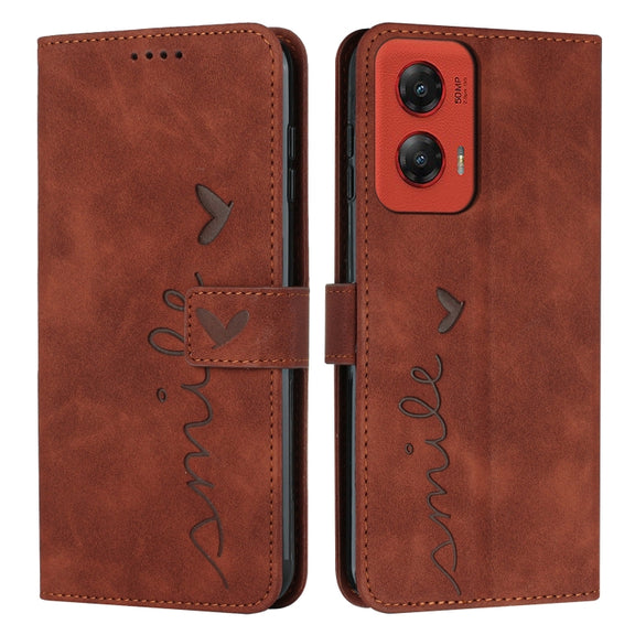 For Motorola Moto G Stylus 5G 2024 Skin Feel Heart Embossed Leather Phone Case with Long Lanyard(Brown)