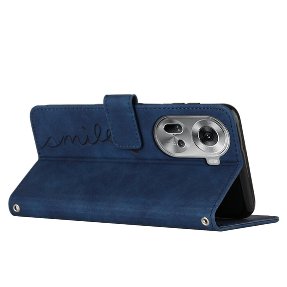 For OPPO Reno11 5G Global Skin Feel Heart Embossed Leather Phone Case with Long Lanyard(Blue)