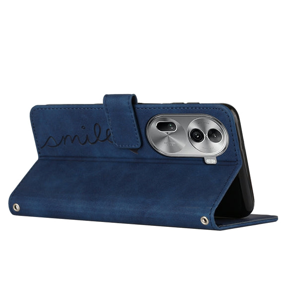 For OPPO Reno11 Pro Global Skin Feel Heart Embossed Leather Phone Case with Long Lanyard(Blue)