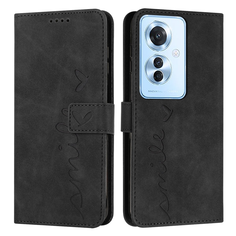 For OPPO Reno11 F Skin Feel Heart Embossed Leather Phone Case with Long Lanyard(Black) - Reno11 F Cases by PMC TechLife | Online Shopping South Africa | PMC TechLife | Buy Now Pay Later Mobicred