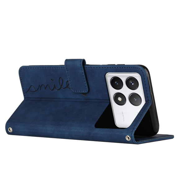 For Xiaomi Redmi K70 / K70 Pro Skin Feel Heart Embossed Leather Phone Case with Long Lanyard(Blue)