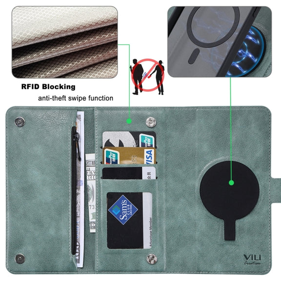 For iPhone 13 ViLi GV Series MagSafe Magnetic Zipper Leather Phone Case(Green)