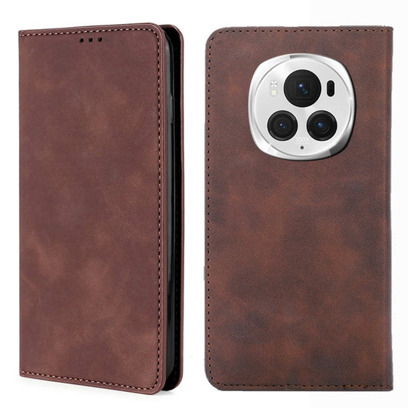 For Honor Magic6 Pro Skin Feel Magnetic Leather Phone Case(Dark Brown)
