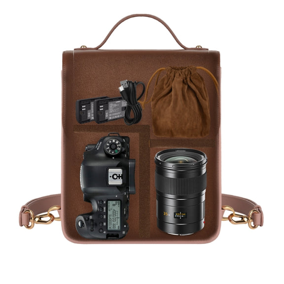 Cwatcun D81 Retro Camera Crossbody Bag Vintage PU Leather Water-resistant Camera Handbag(Brown Pink)