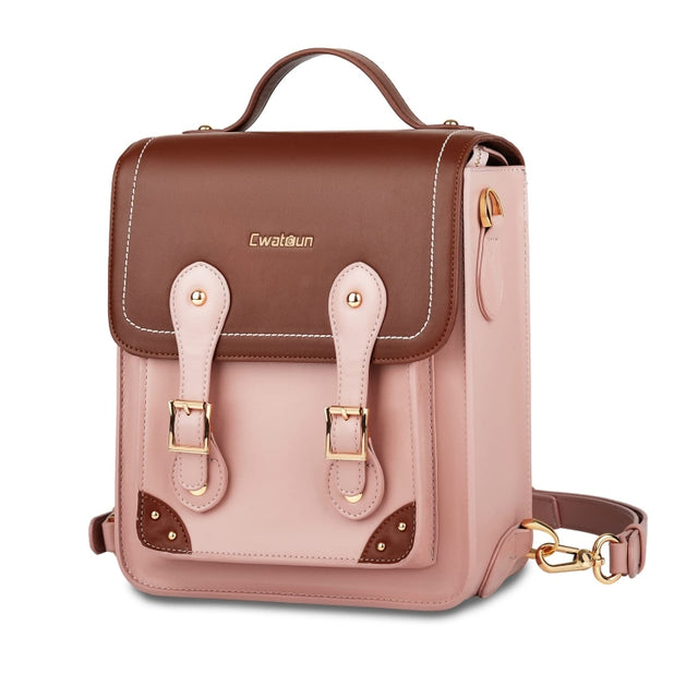 Cwatcun D81 Retro Camera Crossbody Bag Vintage PU Leather Water-resistant Camera Handbag(Brown Pink)