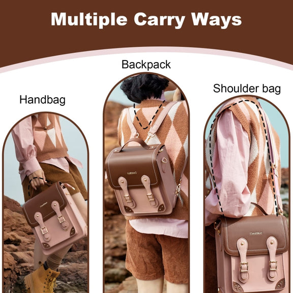 Cwatcun D81 Retro Camera Crossbody Bag Vintage PU Leather Water-resistant Camera Handbag(Brown Pink)