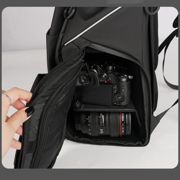 Cwatcun D89 Camera Backpack Water-resistant Leather Film 15.6 Laptop Sleeve Bag, Size:43.5 x 33 x 22.5cm(Black)