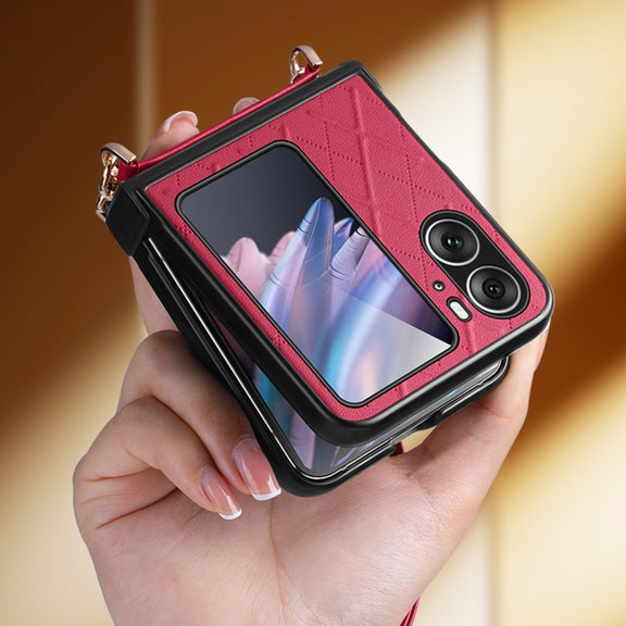 For OPPO Find N2 Flip SULADA Elegant Rhombic Texture Folding Phone Case with Lanyard(White)