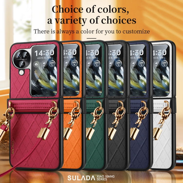 For OPPO Find N3 Flip SULADA Elegant Rhombic Texture Folding Phone Case with Lanyard(Red)