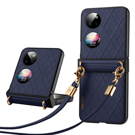 For Huawei P50 Pocket SULADA Elegant Rhombic Texture Folding Phone Case with Lanyard(Blue)