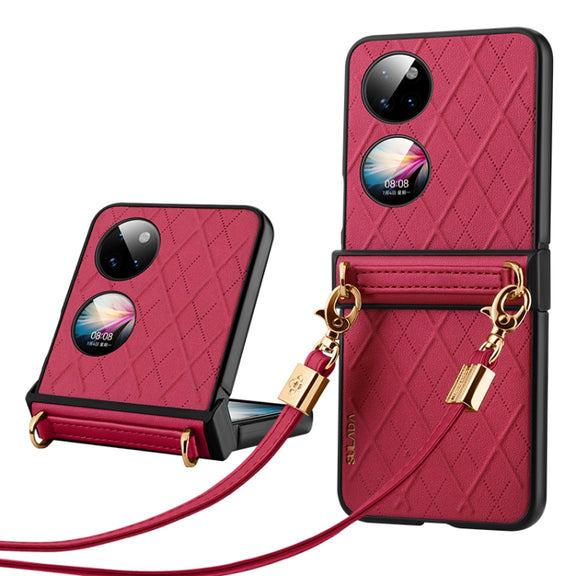 For Huawei P50 Pocket SULADA Elegant Rhombic Texture Folding Phone Case with Lanyard(Red)