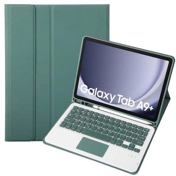 For Samsung Galaxy Tab A9+ X210/X215/X215 A09B-A Candy Color TPU Touch Bluetooth Keyboard Leather Tablet Case with Pen Holder(Dark Green)