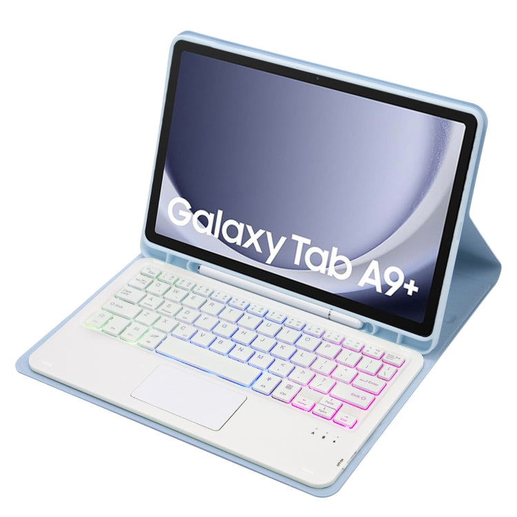 For Samsung Galaxy Tab A9+ X210/X215/X215 A09B-AS Candy Color Touch Backlight Bluetooth Keyboard Leather Tablet Case with Pen Holder(Ice Blue) - Samsung Keyboard by PMC TechLife | Online Shopping South Africa | PMC TechLife