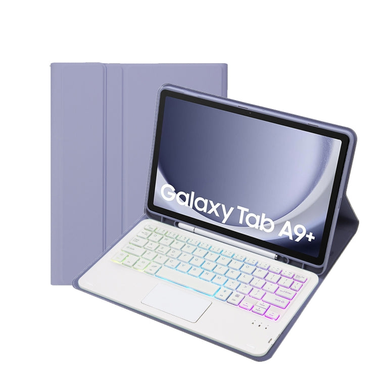 For Samsung Galaxy Tab A9+ X210/X215/X215 A09B-AS Candy Color Touch Backlight Bluetooth Keyboard Leather Tablet Case with Pen Holder(Purple)