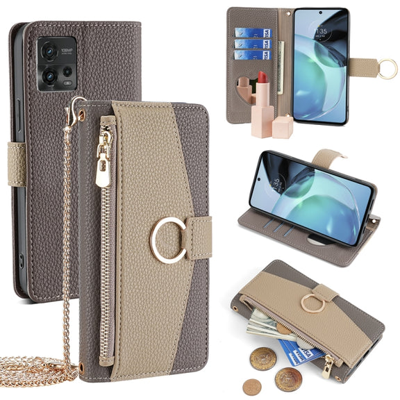 For Motorola Moto G72 4G Crossbody Litchi Texture Leather Phone Case(Grey)