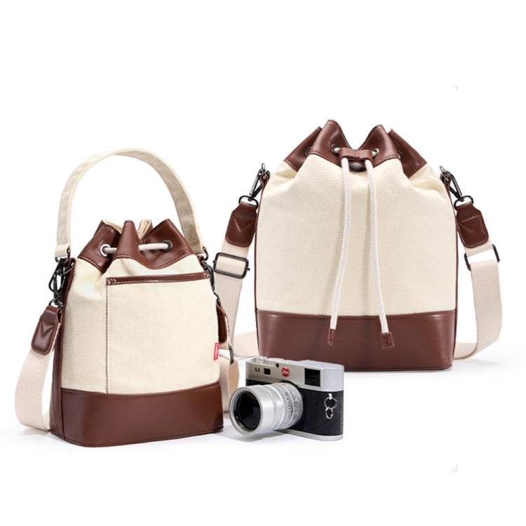 Cwatcun D100 Canvas PU Waterproof Bundle Drawstring Lens Bag Crossbody Camera Bag, Size:20 x 11 x 26cm(Beige) - free shipping - PMC Jewellery - Order now!