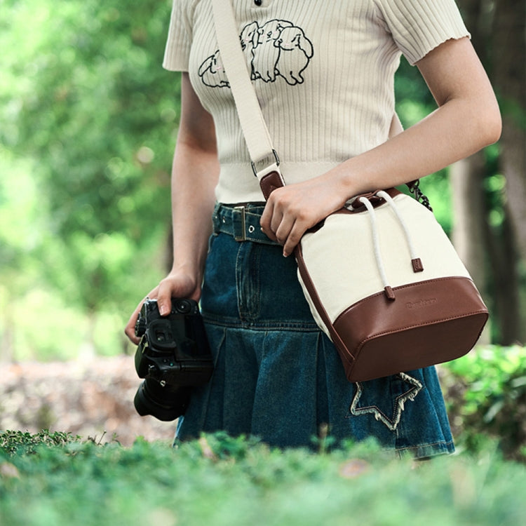 Cwatcun D100 Canvas PU Waterproof Bundle Drawstring Lens Bag Crossbody Camera Bag, Size:20 x 11 x 26cm(Beige) - free shipping - PMC Jewellery - Order now!