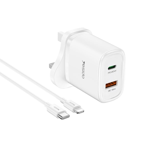 Yesido YC46 PD20W USB-C / Type-C + USB Travel Charger with 1m Type-C to 8 Pin Cable, UK Plug(White)