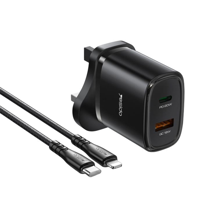 Yesido YC46 PD20W USB-C / Type-C + USB Travel Charger with 1m Type-C to 8 Pin Cable, UK Plug(Black) - free shipping - PMC Jewellery - Order now!