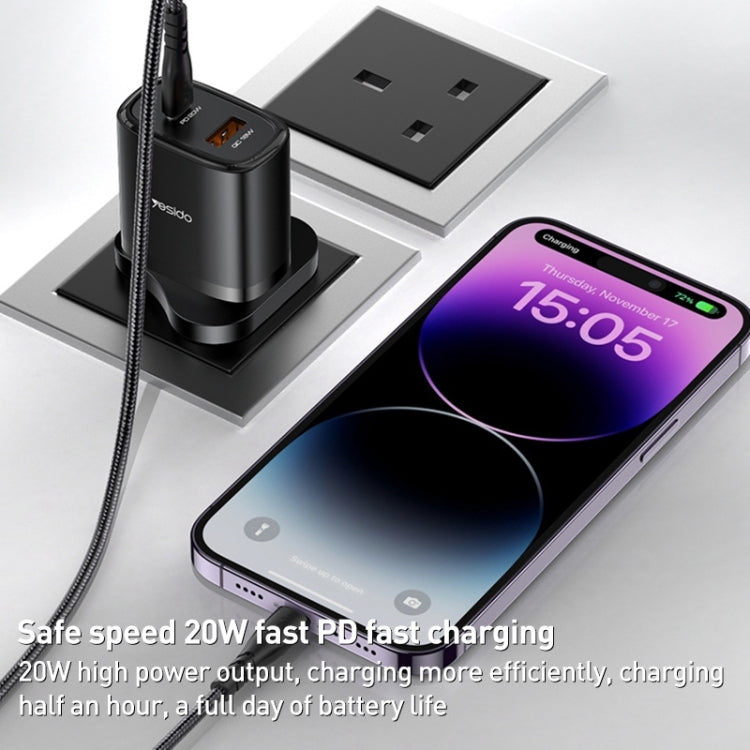Yesido YC46 PD20W USB-C / Type-C + USB Travel Charger with 1m Type-C to 8 Pin Cable, UK Plug(White)