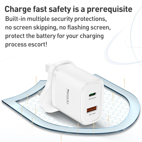Yesido YC46 PD20W USB-C / Type-C + USB Travel Charger with 1m Type-C to 8 Pin Cable, UK Plug(White)