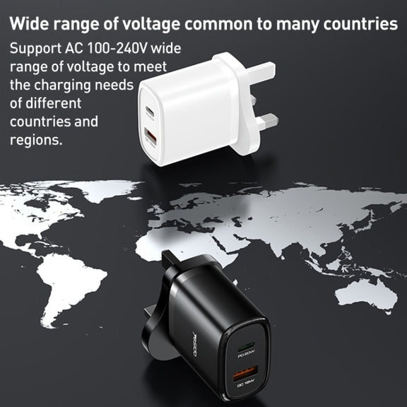 Yesido YC46 PD20W USB-C / Type-C + USB Travel Charger with 1m Type-C to 8 Pin Cable, UK Plug(White)