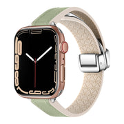 For Apple Watch SE 2023 44mm Magnetic Folding Leather Silicone Watch Band(Grass Green)